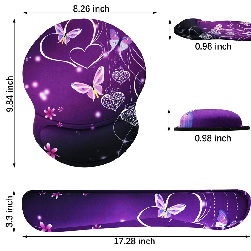ArtSo Upgraded Wrist Rest Support for Mouse Pad & Keyboard, Ergonomic Gel Mousepad Non-Slip Rubber Base Home ,Office Pain Relief, Easy Typing Cushion Neoprene, Soft Memory Foam, Purple Heart butterfly