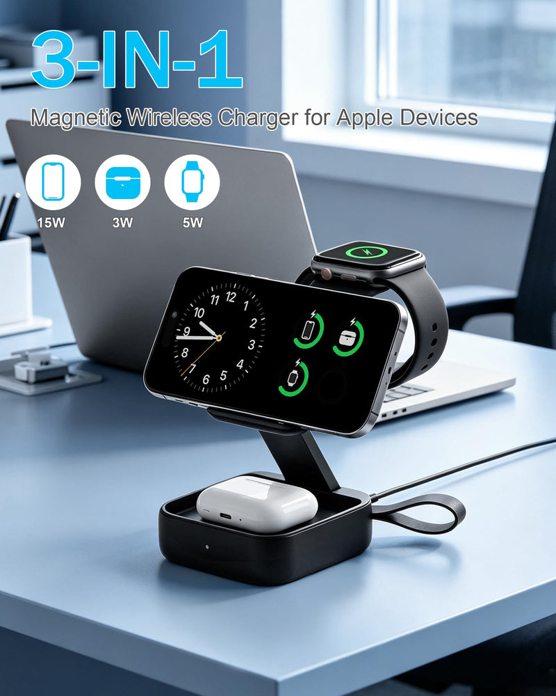 3 in 1 Charging Station for Apple Devices, Wireless Charger Stand | Foldable Magnetic Fast Wireless Charging Station for MagSafe iPhone 17 16 15 14 13 12 Series, Apple Watch & AirPods
