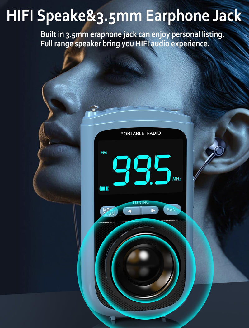 Portable AM/FM/SW Radio with Best Reception,900mAh Walkman with LCD Display, Headphones,Pocket Radio Rechargeable Battery,Digital Tuner and Presets for Walking Blue