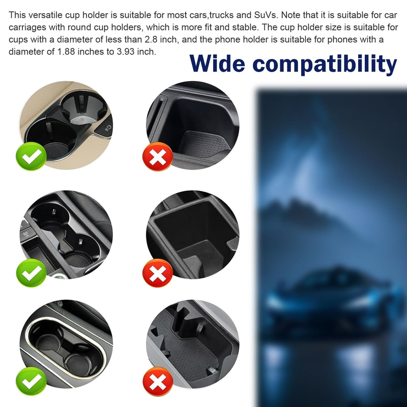 Car Cup Holder and Phone Mount, 2-in-1 Adjustable Multifunctional Insert Mount, Anti-slip Shockproof Extender Base, Interior Accessory for Round Car Cup Holder (Black)