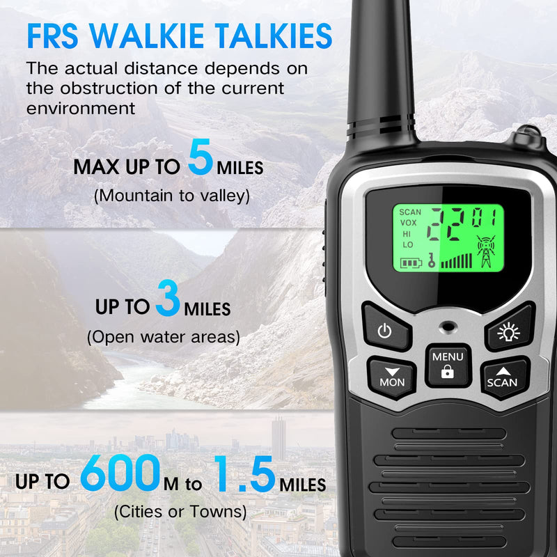 Walkie Talkies,MOICO Long Range Walkie Talkies for Adults Two-Way Radios with 22 Channels FRS VOX Scan LCD Display with LED Flashlight for Field, Survival Biking Hiking Camping 2 Pack (Silver) Silver