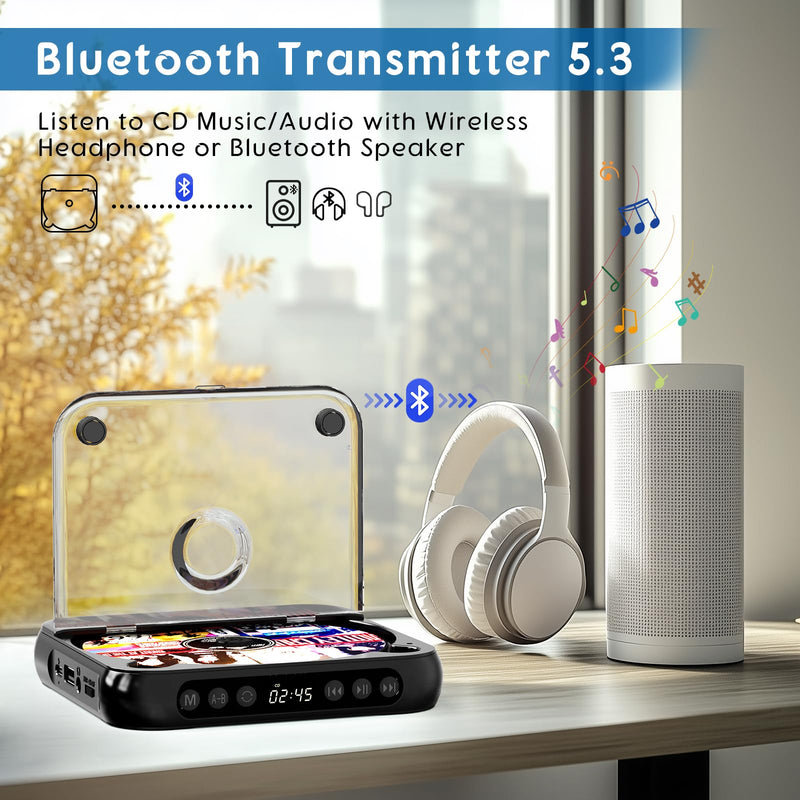 Portable CD Player with Bluetooth, Rechargeable Small CD Player, Built-in HiFi Speakers, Walkman CD Player with Headphones, LCD Screen, Support CD/AUX/USB/Repeat, Black