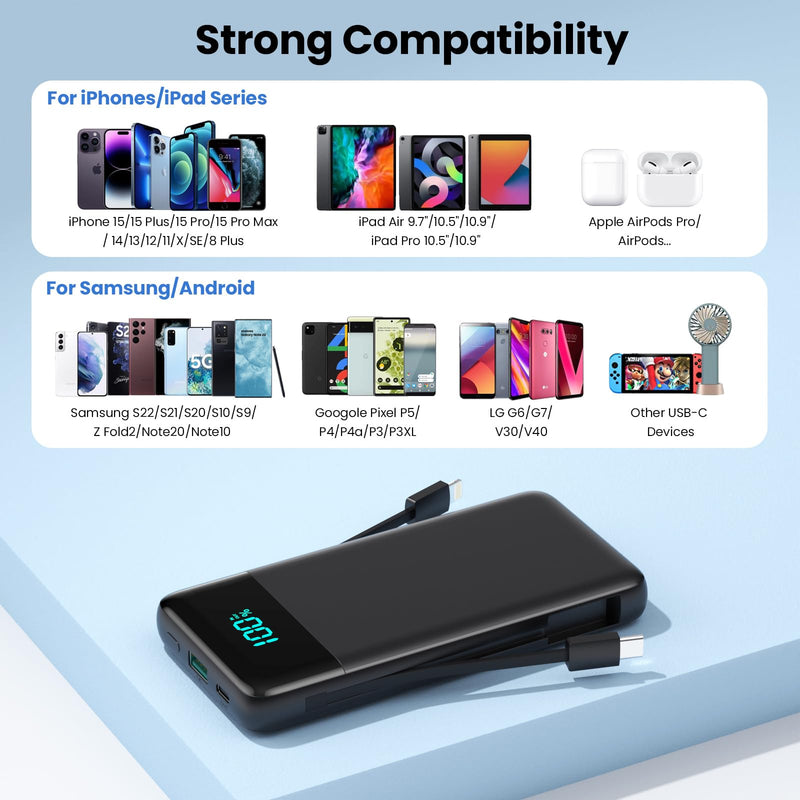 Portable Charger for iPhone with Built in Cables and Wall Plug,Upgraded 13800mAh Fast Charging USB C Power Bank,4 Outputs Travel Essential Battery Pack Compatible with iPhone 16/15/14,Samsung,Android Black