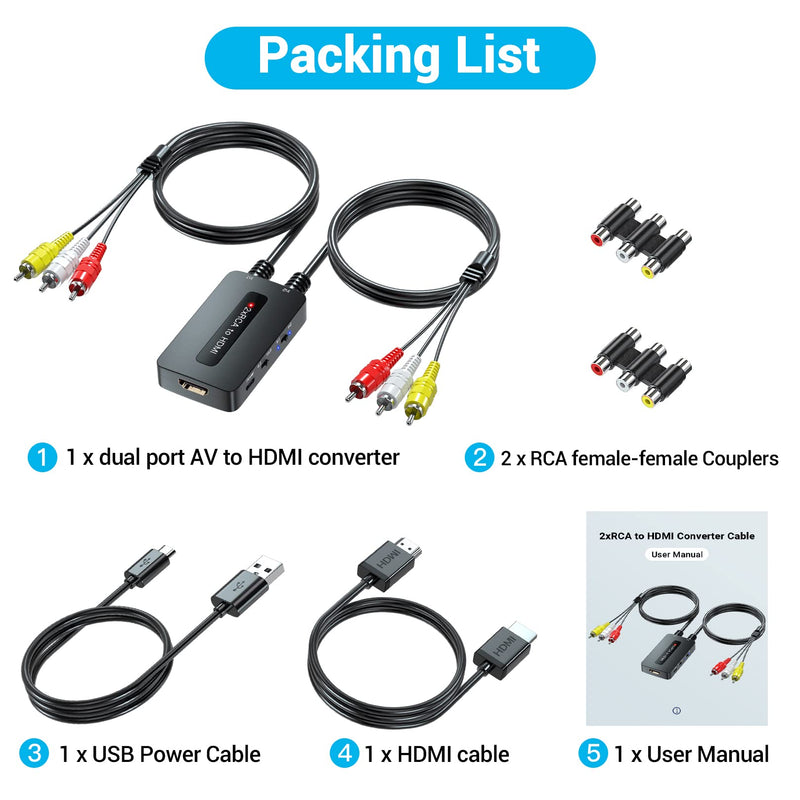Dual Port RCA to HDMI, Double Composite AV to HDMI Converter, Two RCA in One HD Out Converter for N64/Wii/PS2/DVD/VHS to Display On Newer TVs