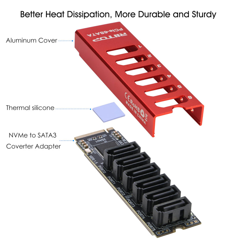 M.2 to SATA Adapter [6-Port], M2 NVMe to SATA 3.0 Card ASM1166 Chipset with Aluminum Housing for SSD/HDD up to 6Gbps Red