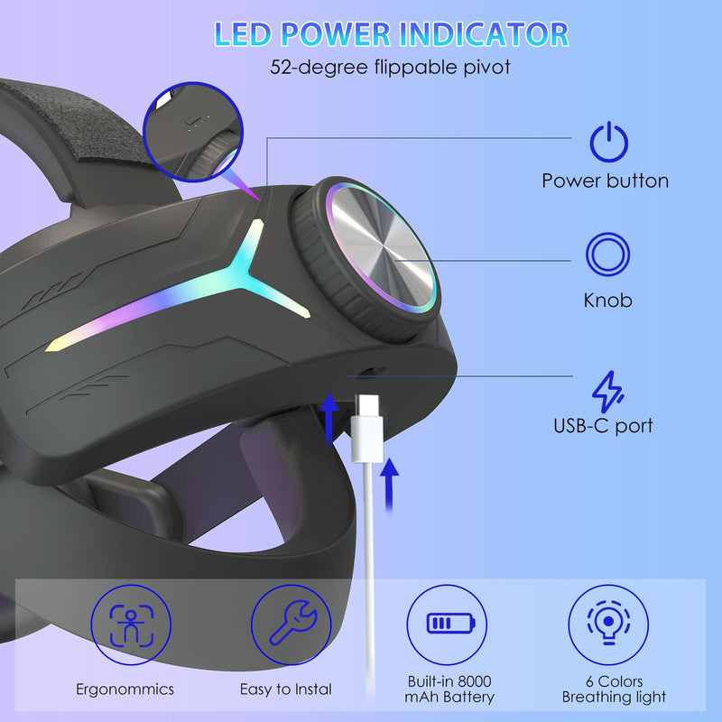 RGB Light Head Strap with 12000mAh Battery for Meta Quest 3/3s_Black | 18W Quick Charge for Extended 4-6 Playtime Comfortable Fit – Elite Replacement Strap with Balanced Weight Black-1