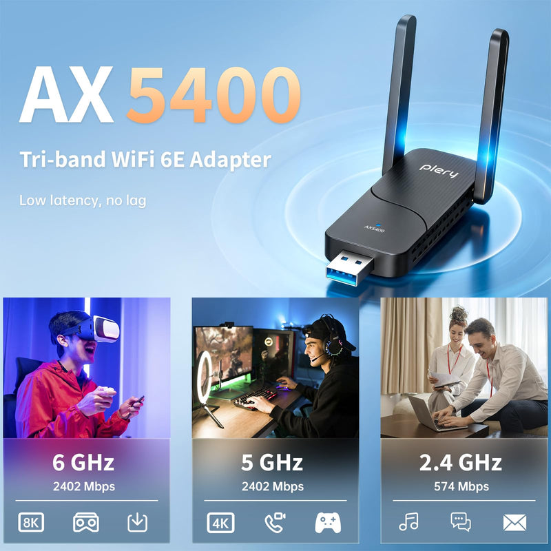 WiFi 6E USB WiFi Adapter, AX5400 Tri-Band 6GHz/5GHz/2.4GHz | Gaming USB 3.0 WiFi Dongle with High Gain Antennas for Desktop PC Laptop, Supports Windows 11/10, WPA3, OFDMA A