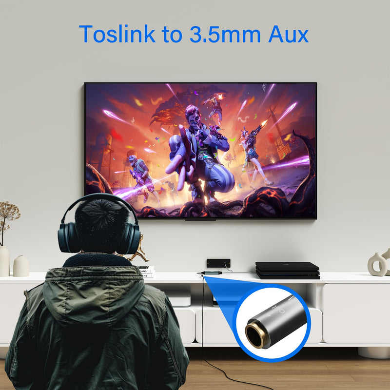 Elecan Unidirectional Optical Male to 3.5mm AUX Female Audio Converter Cable 6.6 Ft, 192kHz DAC SPDIF/Toslink Digital to Analog Adapter for TV/PS4/DVD to Sound Bar Headphone+Ties &AUX to 2 RCA Adapter 6.6FT