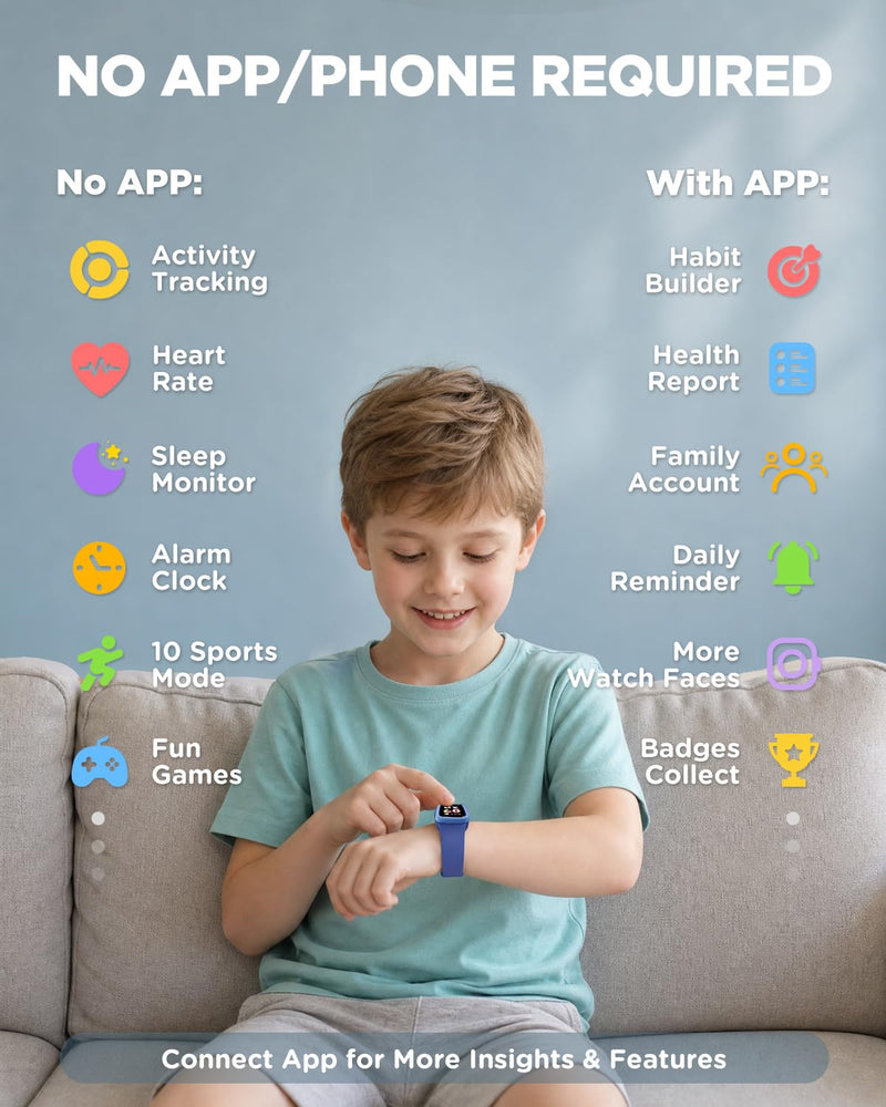 Vigor 3 Kids Watch Fitness Tracker, AMOLED Screen for Boys Girls Age 5-15 | 3ATM Waterproof, No App No Phone Needed, Pedometer, Vibrating Alarm, Heart Rate, Sleep Monitor, 10 Sport Modes, Habit Builder Blue