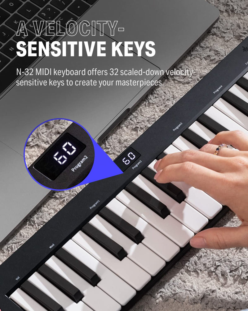 USB MIDI Keyboard Controller MINI 32-Key, Donner N-32 with Screen, Sequencer, Chord, Bend Sound Effects By Light-up Joystick for Mac/PC, Music Production Software, 40 Teaching Courses N32