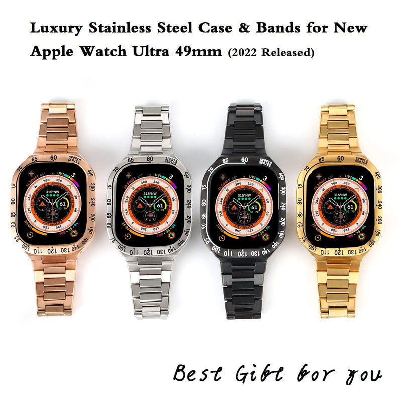 GARTOO Stainless Steel Bands Metal Bezel for Apple Watch Ultra 49mm, Luxury Stainless Steel Replacement Strap with Tool iWatch Ultra 49mm for Men - Black