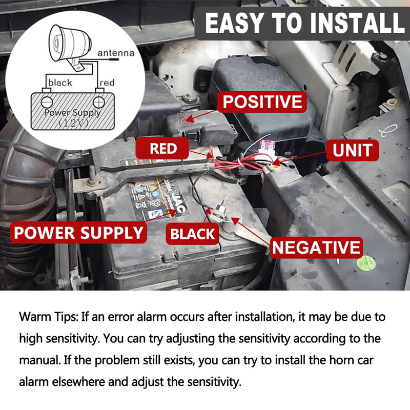 12V Car Alarm System, Anti-Theft Horn Siren with 7-Levels Sensitivity Universal Security Protection System Vehicle Alarm System with Sound