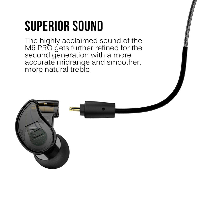 MEE audio M6 PRO In Ear Monitor Headphones for Musicians, 2nd Gen Model With Upgraded Sound, Memory Wire Earhooks & Replaceable Cables, Noise Isolating Professional Earbuds, 2 Cords Included (Black) Black In-Ear Monitors