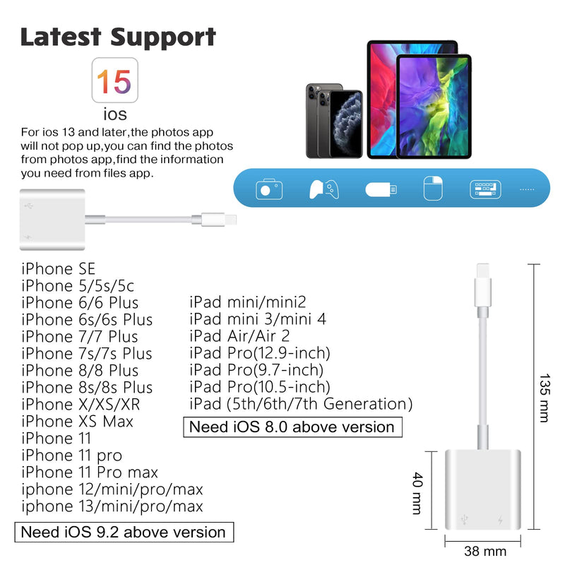 USB Camera Adapter, USB Female OTG Adapter Compatible with iPhone iPad, Portable USB Adapter for iPhone with Charging Port, No Application, Plug and Play