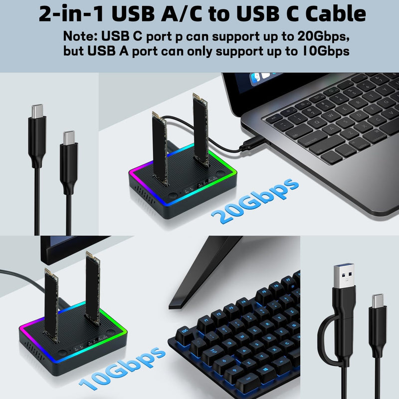 M.2 NVMe SATA SSD Cloner Dock, Dual NVMe SATA SSD Enclosure, 20Gbps USB3.2 Gen 2X2 SSD to USB Adapter,M.2 Duplicator Cloner for Both (M Key,B+M Key) Tool-Free,Support Offline Clone-RGB Plastic