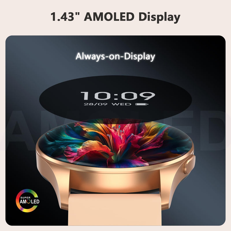 Blackview Smart Watch for Women(Make/Answer Calls), 1.43''AMOLED Touchscreen Fitness Tracker with 100+ Sports Modes, Heart Rate/SpO2/Sleep Monitor/2 Straps, Smartwatch for iPhone & Android W40-Gold Pink