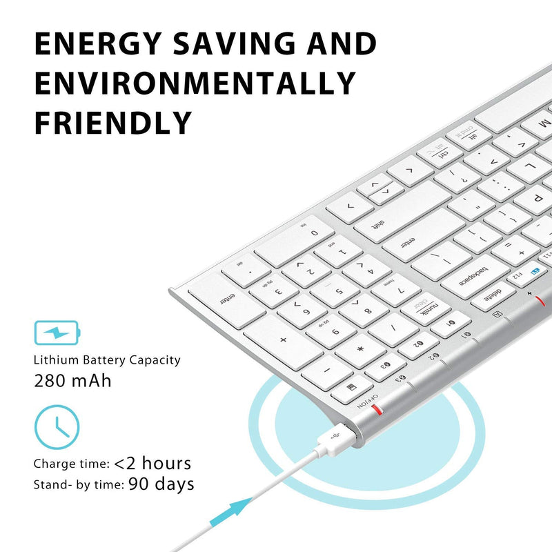 iClever BK10 Bluetooth Keyboard, Multi Device Keyboard Rechargeable Bluetooth 5.1 with Number Pad Ergonomic Design Full Size Stable Connection Keyboard for iPad, iPhone, Mac, iOS, Android, Windows silver