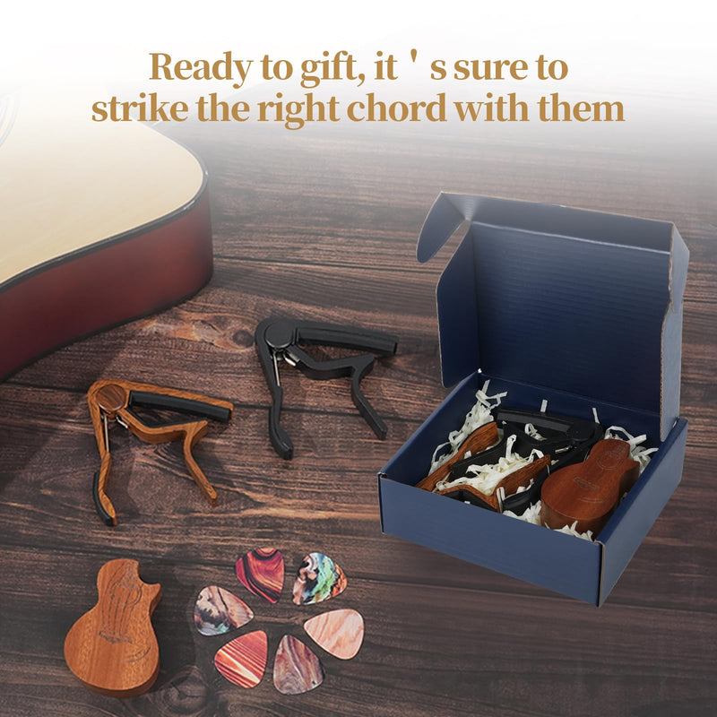 Guitar Capo Gift Set - Includes 2 Capos, 1 Pick Holder & 6 Picks - Personalized Gift for Acoustic Guitar 6 String, Electric Guitar & Bass Players (Rosewood & Black) Rosewood&Black