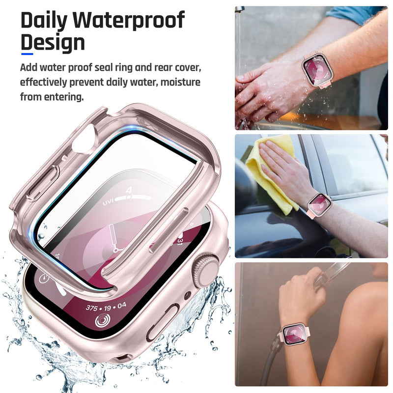 Goton 2 in 1 Waterproof Case for Apple Watch Series 9 8 7 41mm Screen Protector, 360 Protective Glass Face Cover Hard PC Bumper + Back Frame for iWatch 9/8/7 Accessories 41 mm, Original Pink