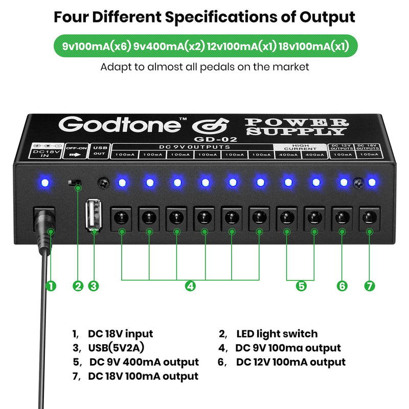 Godtone Guitar Pedal 10 DC Outputs for 9V 12V 18V Effect Pedal Power Supply with USB(5V2A) Port GD-02