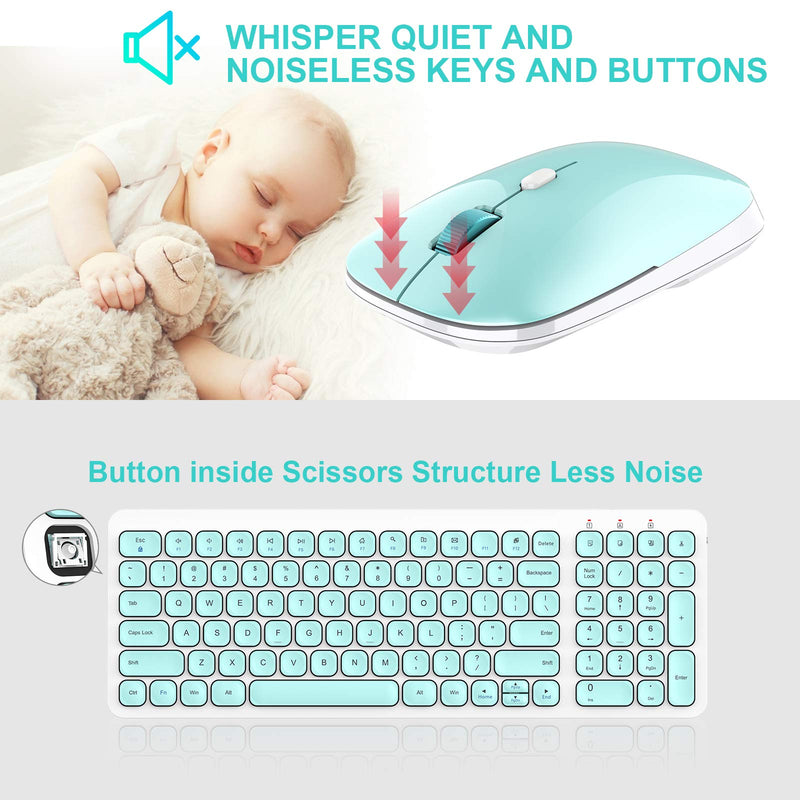 Wireless Keyboard Mouse Combo, cimetech Compact Full Size Wireless Keyboard and Mouse Set Less Noise Keys 2.4G Ultra-Thin Sleek Design for Windows, Computer, PC, Notebook, Laptop - (Aqua Green) Aqua Green