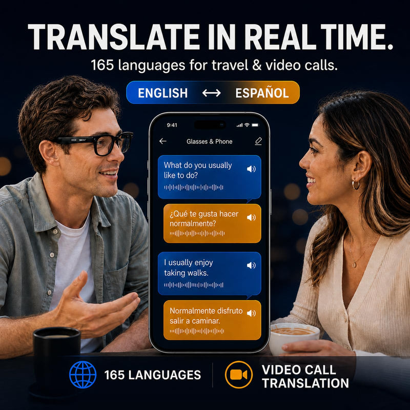 Smart Glasses with Camera - 8MP AI Glasses Video Recording 1080P Anti-Shake | POV Video, 165-Language Real-Time Translation, AI Voice Assistant, Open-Ear Audio, Bluetooth WiFi Sunglasses for Men & Women