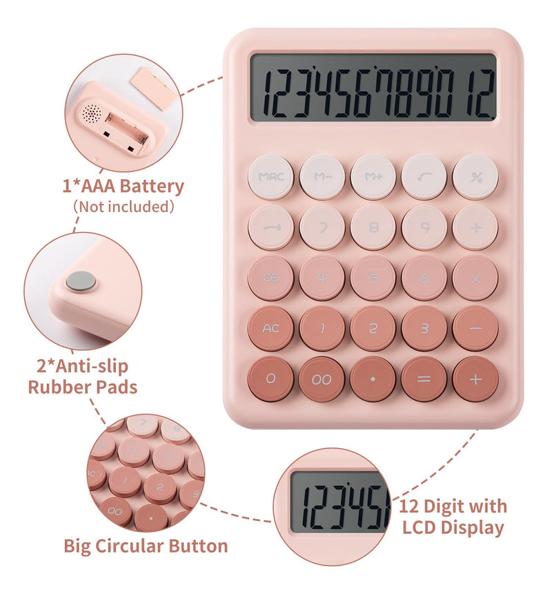 Calculator, Desk Calculators, Cute Pink Calculator, 12 Digit with Large LCD Display, Basic Standard Calculator, Big Button, Aesthetic Calculator, Mechanical Calculator for Office School