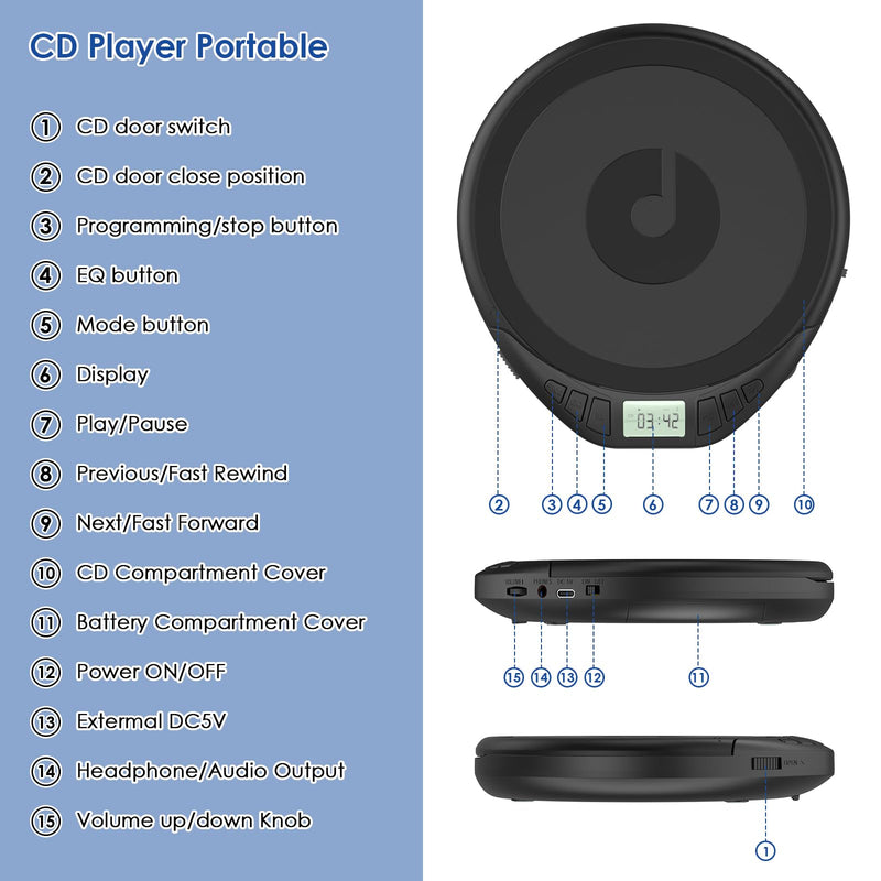 Gueray CD Player Portable CD Walkman: with Earphones Portable CD Player for Car with Anti-Skip Shockproof Personal CD Player with LCD Display Support PROG Memory Function Repeat Playback Sound Black