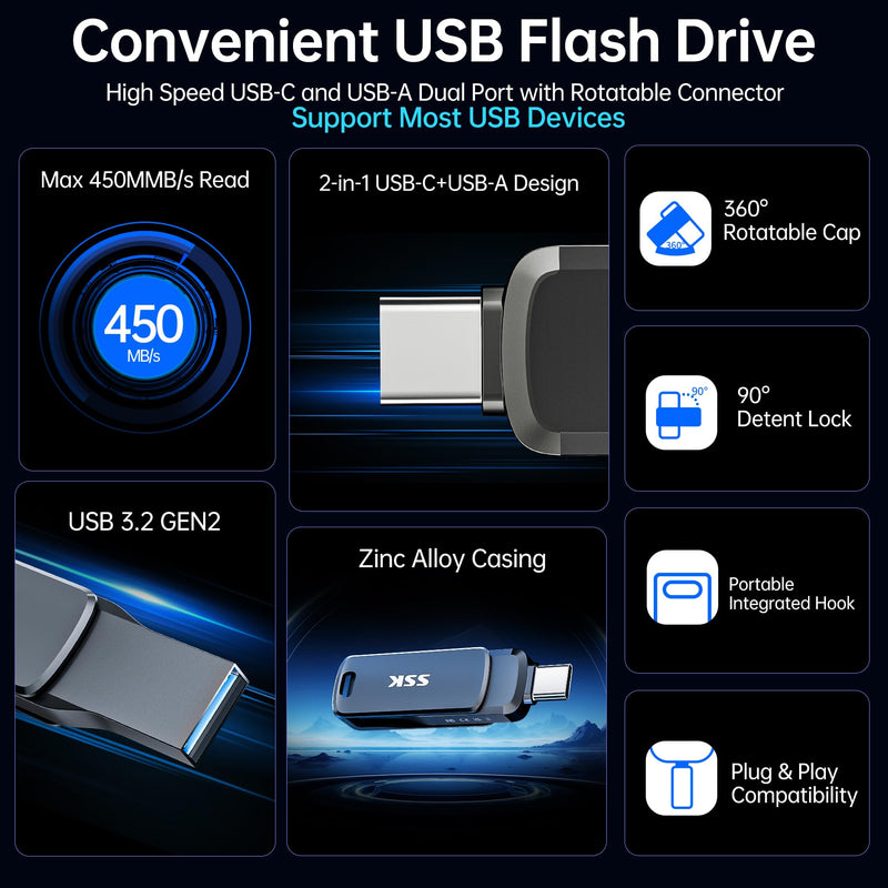 SSK 128GB Flash Drive up to 450MB/s Thumb Drive USB C+A 3.2 Memory Stick | Support OTG,Dual Connection,USB Keychain,1GB in 2.3s,2 in 1 Pendrive for iPhone 15/16/17/Android/Laptop,Zinc Alloy Keyhole