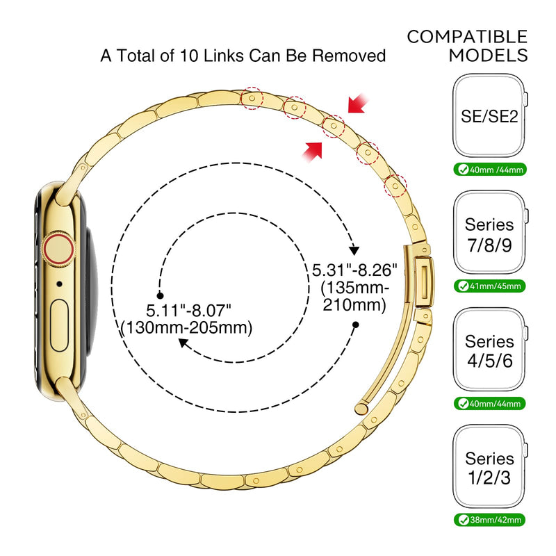 Slim Apple Watch Leather Band and Stainless Steel Metal Band for iWatch 38mm, 40mm, and 41mm，Black Gold+Metal Gold