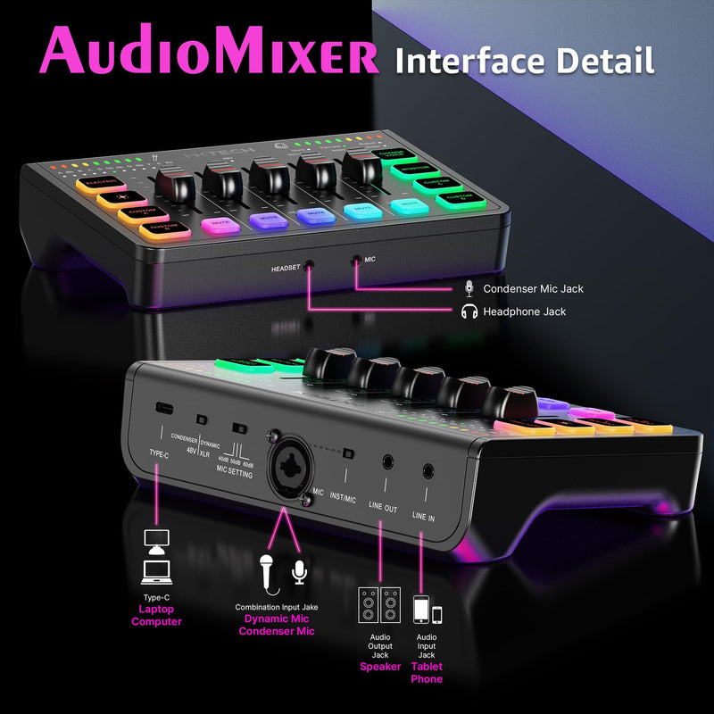 IXTECH Gaming Audio Mixer 4 Channel Soundboard, Streaming RGB PC Audio Interface with XLR Microphone Support, Audio Equalizer for Gaming Podcast Streaming Karaoke, Individual Volume Controls (Black) IX-MI-MIX01 Black