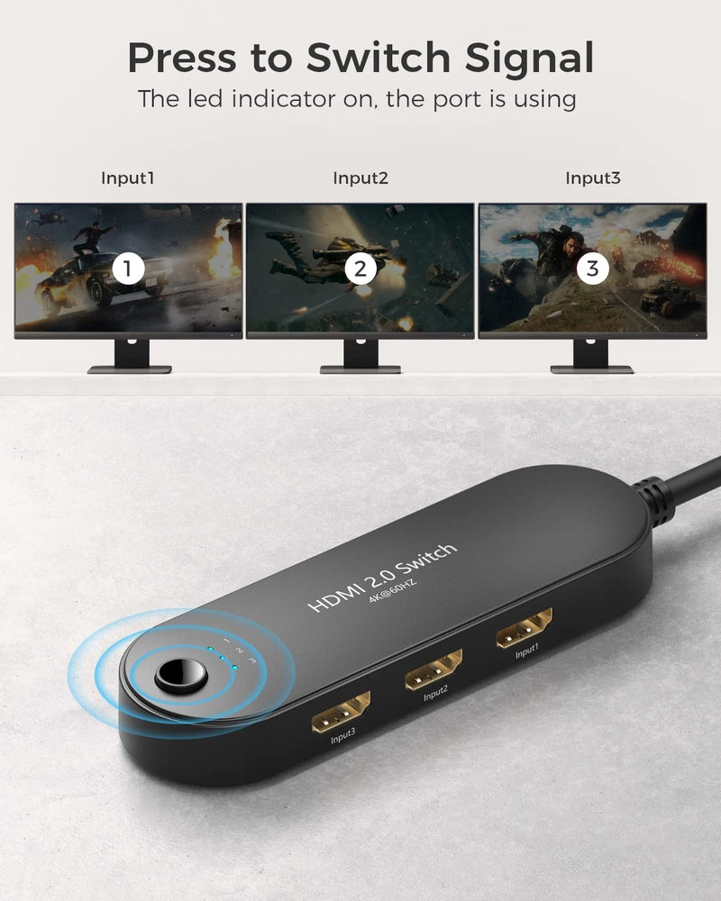 HDMI Switch 4K@60Hz, Vilcome 4K HDMI Splitter 3 in 1 Out, 3 Port Hdmi Switcher Box Supports UHD 3D HDR, Multi Port HDMI Hub Selector for Xbox PS3 4 5 TV Gaming Roku HDTV Fire Stick 1.25FT Cable
