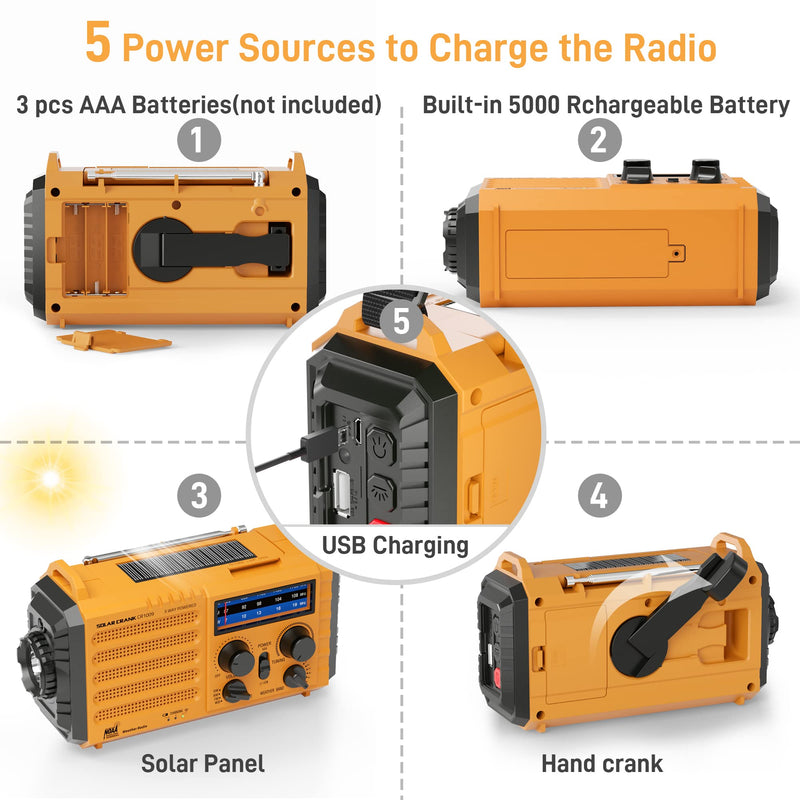 [AUSTRALIA] - Eoxsmile Emergency Radio with NOAA Weather Alert, 5000mAh Solar Hand Crank Portable AM/FM Shortwave Radio, Rechargeable Battery Powered, USB Charger, Flashlight, SOS Alarm for Home Outdoor Survival Yellow 