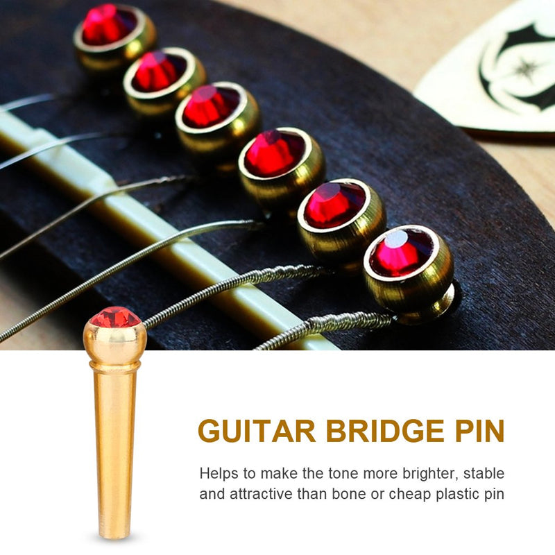6Pcs Bridge Pin Copper Material Folk Acoustic Guitar Bridge Pin Peg Nail with Colorful Crystal Glass Dot Red