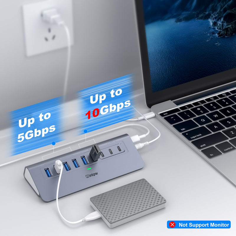 Powered USB Hub 10Gbps, intpw YH6AC 9-Port USB Splitter with USB A/USB C 3.2, 4 USB 3.0, 2 PD 45W Charging Ports, 65W Power Adapter + 3.3FT Cable, Aluminum USB Extender Hub for Laptop, PC,iPhone 17/16 Gray 9 Port