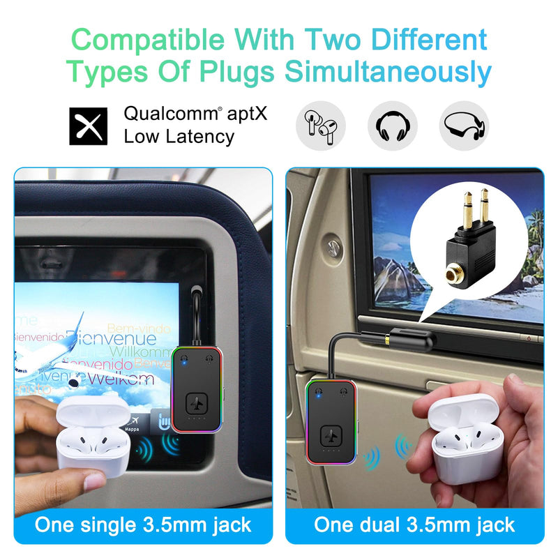 2024 Upgraded Pro Airplane Bluetooth 5.4 Transmitter for All Headphones, aptX LL, Supports 2 Headphones/AirPods, Wireless Audio Adapter for in-Flight, TV, Gym, Tablets，Metal Frame Black