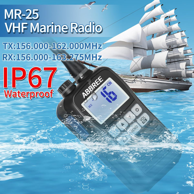 [AUSTRALIA] - ABBREE Marine VHF Radio Floating IP67 Waterproof MR-25 Handheld Long Range Noise Cancelling Mic Walkie Talkie NOAA Weather,LCD Display Vibration Water Draining Two Way Radio for Boat,Black 