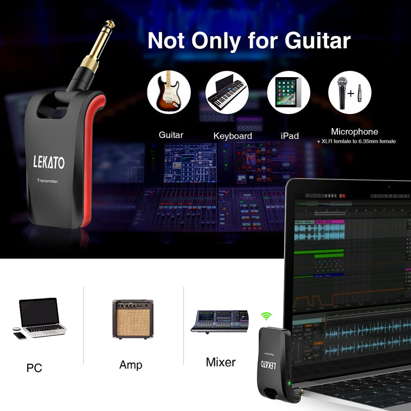 [AUSTRALIA] - LEKATO Wireless Guitar System 2.4GHz Rechargeable Audio Wireless Transmitter Receiver 6 Channels for Guitar Bass Electric Instruments, Stereo and Mono 1/4” & 1/8” 2 in 1 Plugs,Black(WS-60) black 