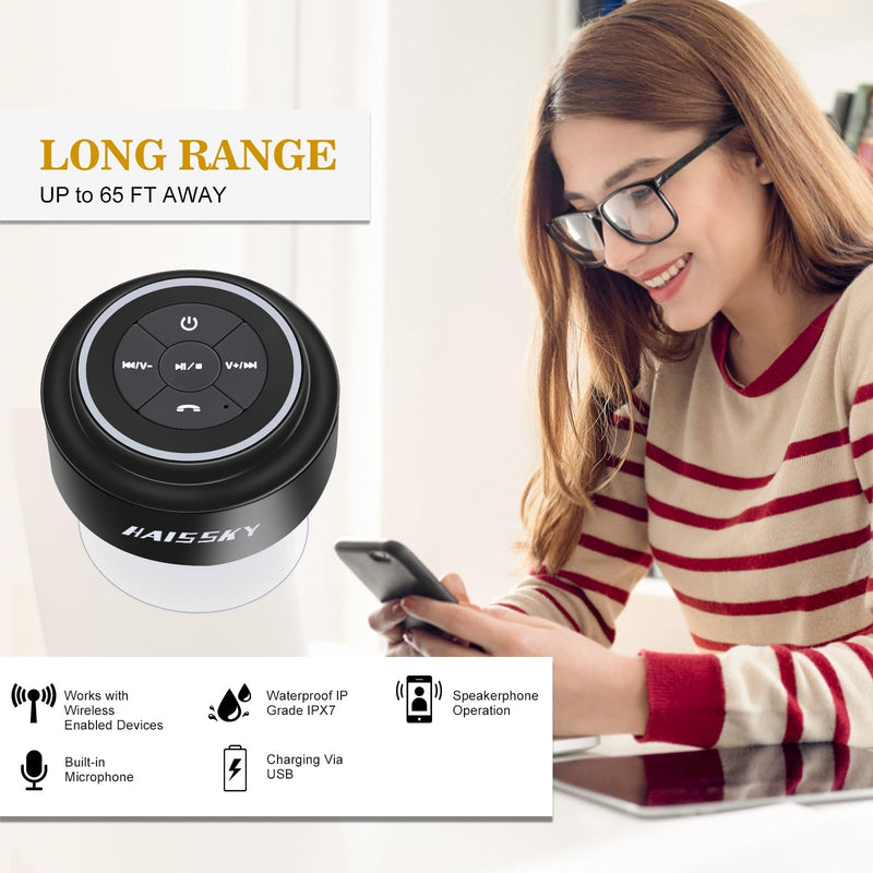 HAISSKY Bluetooth Shower Speakers, Portable Wireless Speaker with Suction Cup, IP67 Waterproof Speaker Pairs Easily to Phones, Tablets, Computer, Gift for Men & Women Black