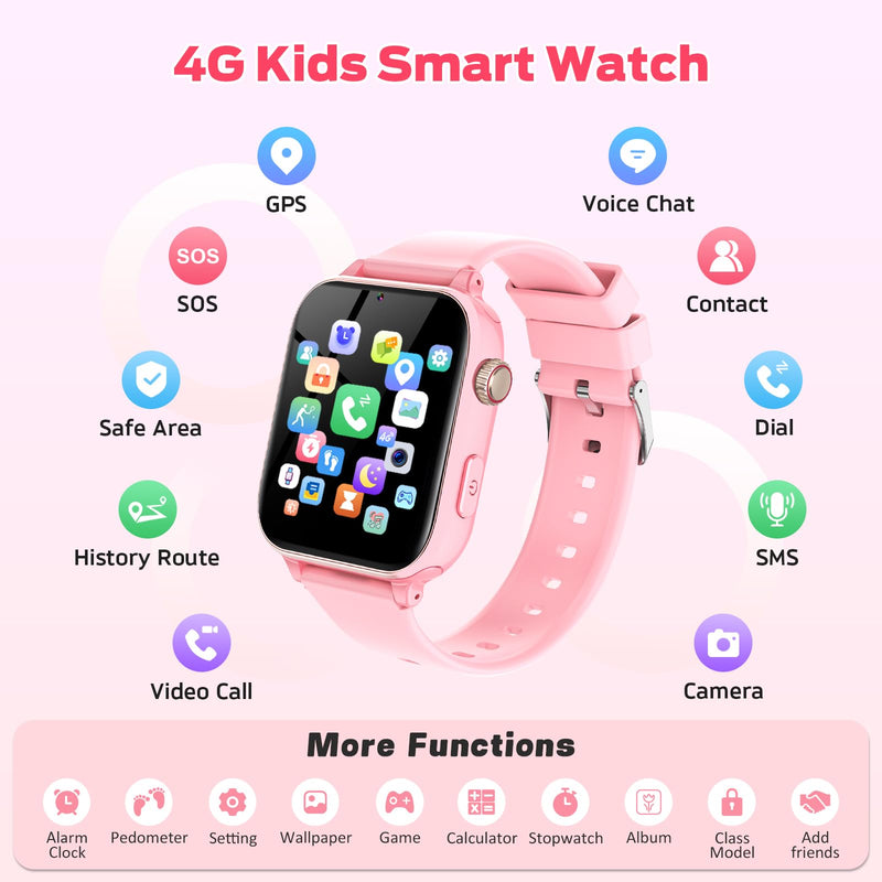 4G Kids Smart Watch with GPS Tracker, Video Call & Texting, Smart Watch for Kids with SIM Card, SOS, School Mode, HD Camera, Pedometer, Kid Watch Gift for Boys Girls Age 4-12, Pink
