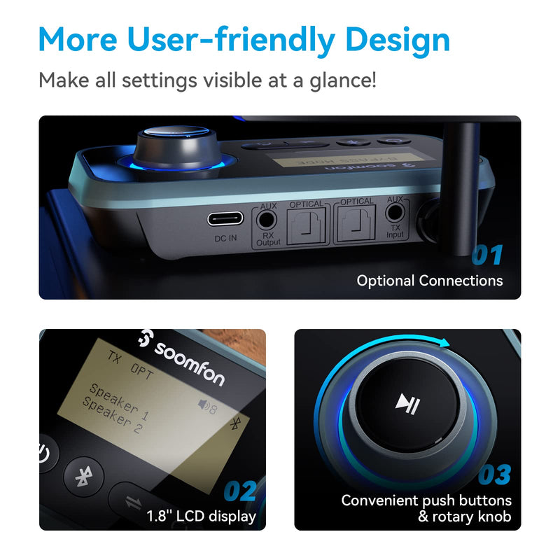 Bluetooth Transmitter Receiver - SOOMFON 3-in-1 Bluetooth 5.0 Audio Adapter for 2 Headphones with LCD Display Adjustable Volume, Optical AUX RCA Bypass for TV Home Stereo Speaker
