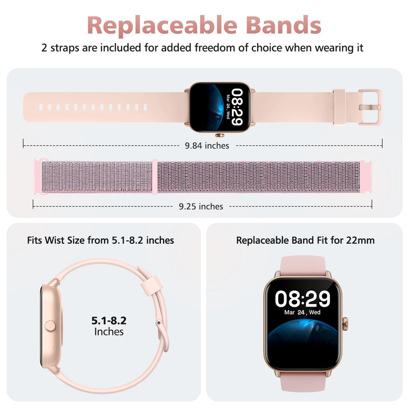 Smart Watches for Women, 1.85" Alexa Fitness Trackers with Call & SMS, Heart Rate, SpO2, Stress & Sleep Monitor, IP68 Waterproof Smartwatch for Android iPhone Samsung etc., 100+ Sports Modes, 2 Bands Blush Pink