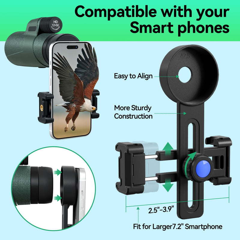 12x50 HD Monocular for Adults High Powered with BAK4 Prism & FMC Lens,Lightweight with Smartphone Adapter, High Powered Monocular with Clear Low Light Vision for Star Watching, Bird Watching, Hiking Green