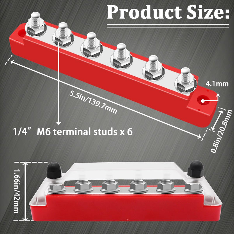 (Red+Black) Power Distribution Terminal Block with Cover with 6 x 1/4” (M6) Post,Battery 12V Bus Bar with Ring Terminals for Car Boat Marine O-078 150A 6 x 1/4" (M6)