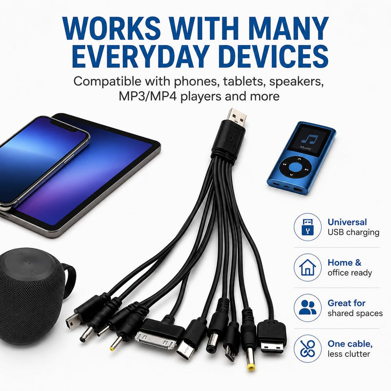 10-in-1 USB Charging Cable Adapter, Multi-Device Universal Charger with 10 Ports, Compatible with Phones, Tablets, Speakers, MP3/MP4 Players