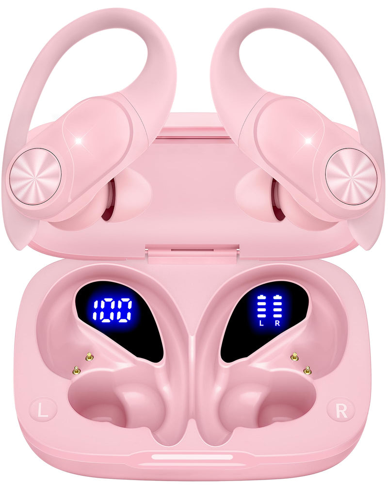 2 Sets Bluetooth Headphones Wireless Earbuds 80hrs Playtime Wireless Charging Case Sports Ear buds with Earhook Premium Deep Bass IPX7 Waterproof Over-Ear Earphones for Phone Laptop Mint Green + Pink