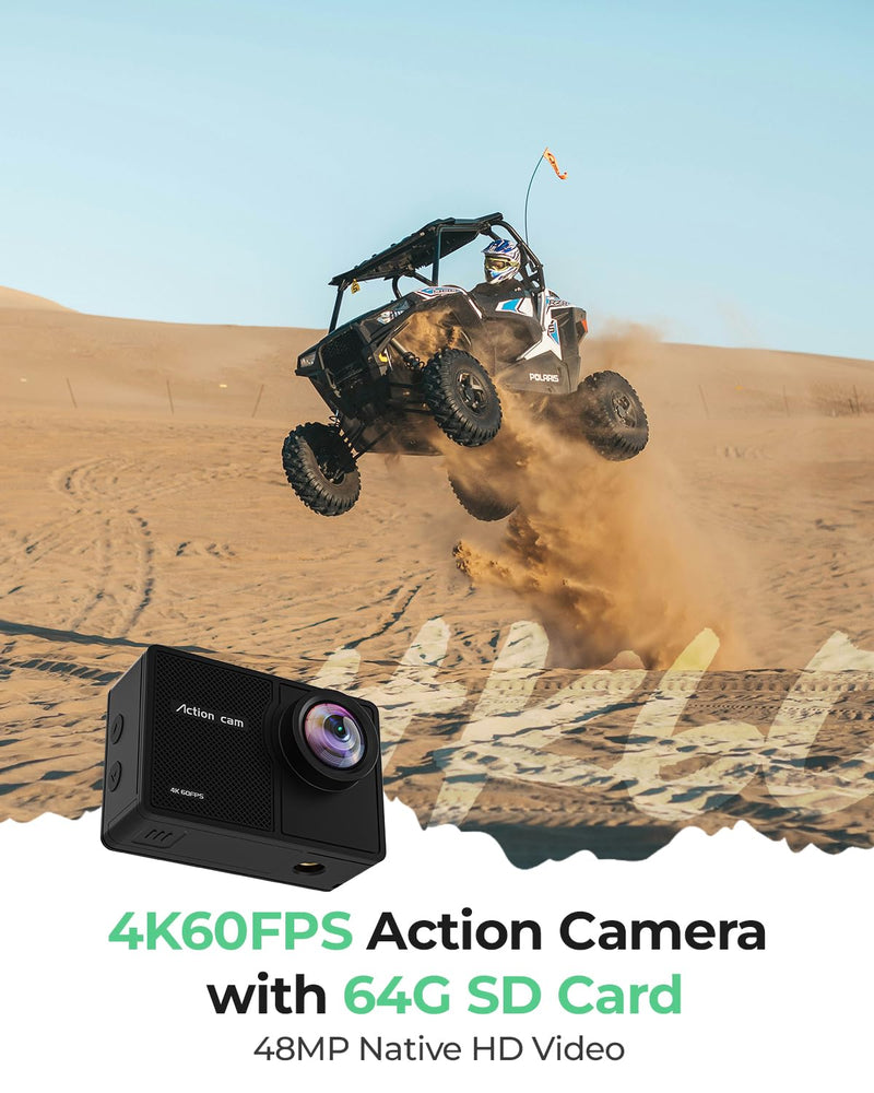 4K Action Camara Waterproof with 64G Crad- 60FPS 48MP HD WIFI Camera with EIS 40M Underwater Camera 170°Wide Angle Sports Camera with 2.4G Remote Control 2 Batteries Helmet Mount Accessories Kits