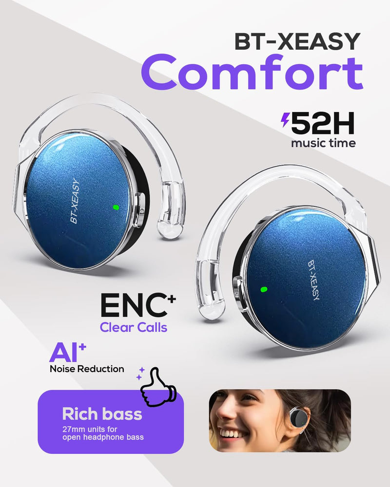 Wireless Earbuds with Ear Hooks V5.4, Open-Ear Sports Headphones | Secure Fit, 52Hrs Headset with Mic, Dual Device Earbuds for Running/Work/Gym Black Blue