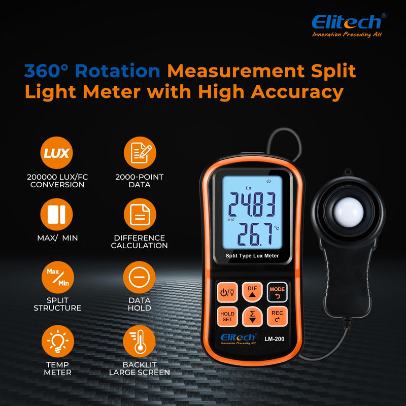 Elitech Digital Light Meter LM-200, Handheld Illuminance Meter with LCD Display, 200,000 Lux Range, Temperature Measurement