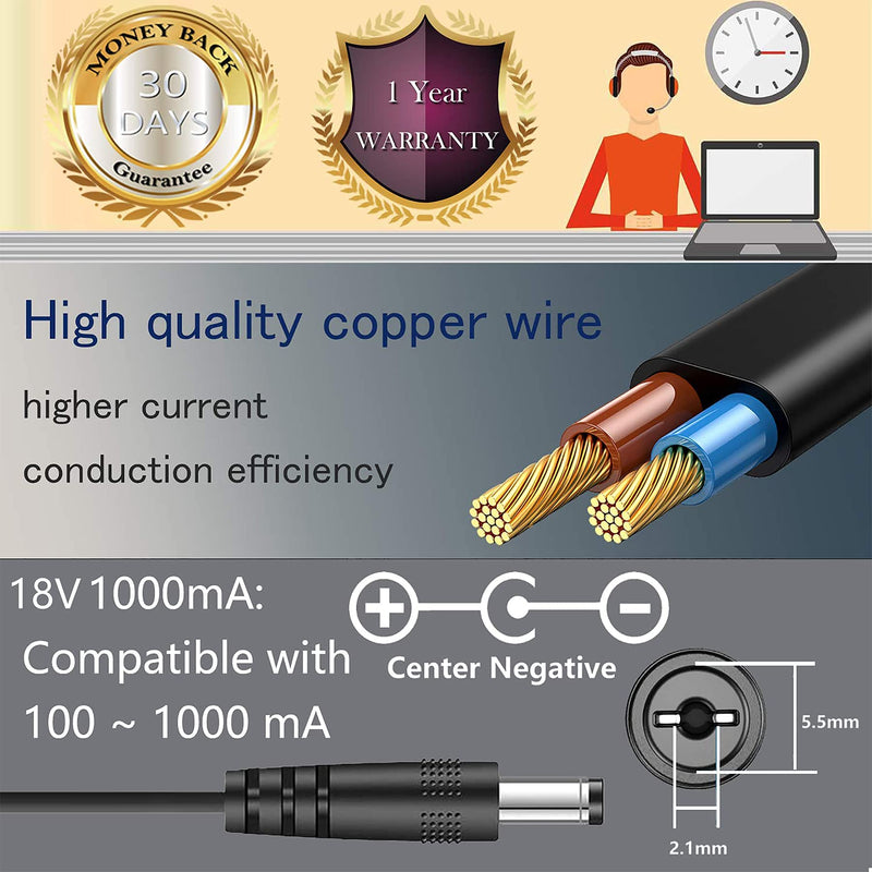 18 Volt Power Supply Replacement for Guitar Pedal Board 18V 1A DC Regulated Power Supply Center Negative Plug